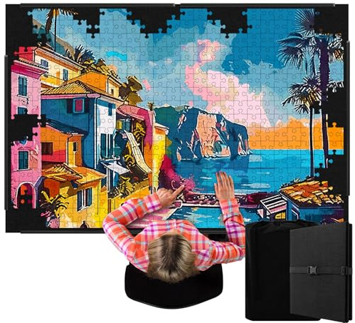 Fanfanwin 3000 Pieces Folding Felt Jigsaw Puzzle Foldable Board Mat with Non Slip Surface Puzzle Mat 55 x 37 Extra Large Portable Jigsaw Board Storage Bag Christmas Xmas Gift Adults Tray(Black)
