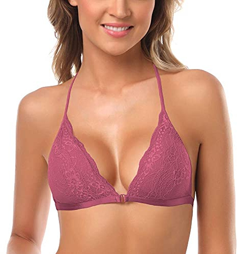 SHEKINI Reggiseno Donna con Chiusura Frontale Bra Senza Ferretto in Pizzo Sexy Halter Triangolo Bralette con Imbottito Brassiere Top Schiena Nuda