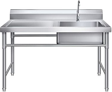 Küchenspüle, Edelstahlspüle, mit Wasserhahn, gewerbliches Catering-Einzelspülbecken für Garage, Restaurant, Küche, Waschküche, Außenbereich, Waschbecken mit Werkbankregalen (Größe: 120 x 60