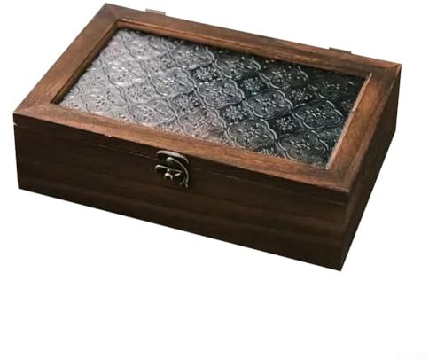Yhenlovtt Elegante caja de almacenamiento de madera maciza, organizador de joyas, con tapa de cristal para joyas, cosméticos y objetos pequeños, té, café (L)