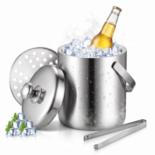 Mqwdxzfes 1,3L Edelstahl Eiswürfelbehälter mit Deckel, Sieb & Eiszange | Premium Isolier Eiskübel Eisbehälter, 6h Kältehaltung, Doppelwandig Isoliert, Tragbarer Eiswürfel für Party Bar Picknick Haus