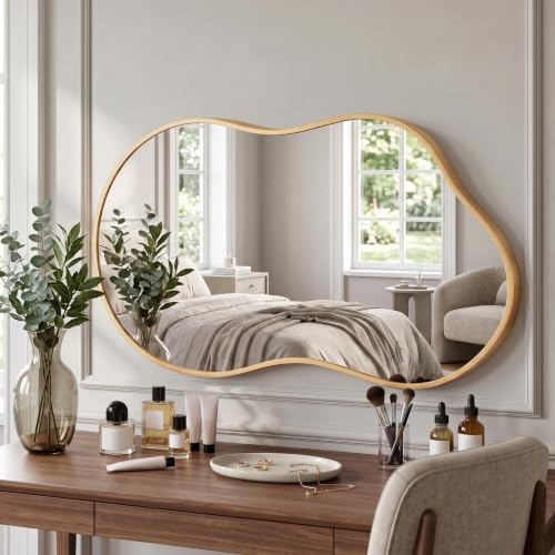 Fahomiss Wandspiegel Metallrahmen Unregelmäßig, Moderner Design Spiegel, Dekospiegel für Wohnzimmer, Flur, Schlafzimmer (Gold, 90L x 60B cm)