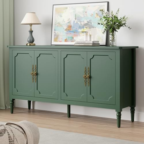 SUNVIVI 58 Inch Mid-Century Modern Sideboard Cabinet with Storage, 4 Door Buffet Cabinet and TV Unit with Adjustable Shelves for Living Room, Kitchen and Entryway, Green