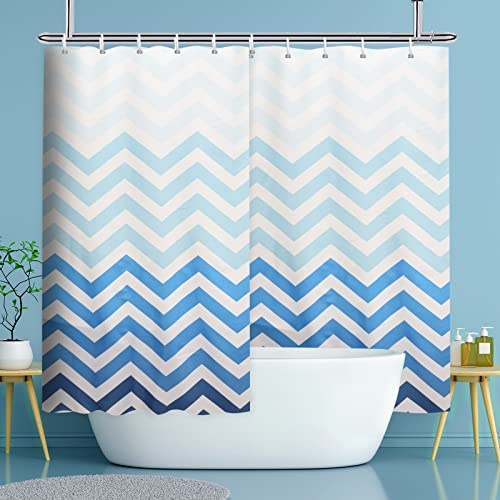 YISURE Duschvorhang Stoff Textil extrabreiter für Badezimmer und Badewanne | Waschbar Farbverlauf von Blau zu Weiß Chevron Badewannenvorhang, Perfekt als Raumteiler, Breite 300 x Höhe 200cm
