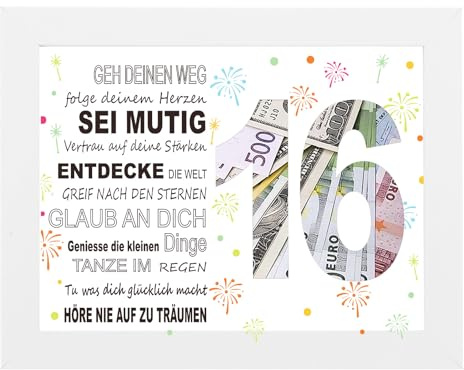 Gweichunon Bilderrahmen Geldgeschenk Geschenk 16 Jahre Jugendliche, Geschenke für 16-Jährige, 16. Geburtstag Deko, Bilderrahmen mit Ausschnitt für Geld, Jugendzimmer Rahmen Geldgeschenk