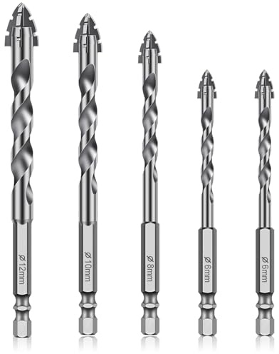 Masonry Tile Drill Bit Sets: 5pcs Hex Metal Drill Bits for Hard Steel,Concrete,Cement,Brick Walls,Glass,Porcelain,Ceramic,Granite Marble,Wood,Plastic (6/6/8/10/12mm)