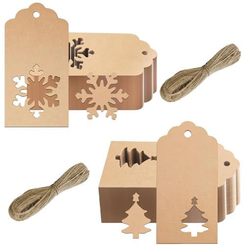 MUNSKT 100 Stück Schneeflocken am Weihnachtsbaum Geschenkanhänger Weihnachten Weihnachtsanhänger Anhänger Weihnachten in 6 verschiedenen Formen Geschenkband Weihnachten Anhänger für Likörflaschen Per