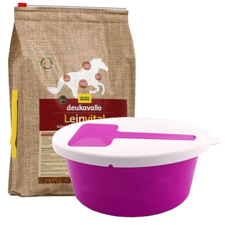 Deukavallo - Set di mangimi per cavalli, semi di lino, senza cereali, 6 kg + 5 l, ciotola con coperchio e cucchiaio da maschera, cibo per cavalli sensibili e cambio del pelo (rosa)