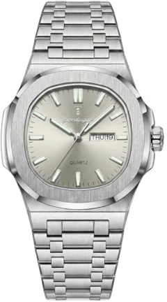 celegance Orologio quadrato da uomo, in acciaio inox, impermeabile, luminoso, con data, al quarzo, alla moda, lussuoso, grigio, Moderno e sportivo