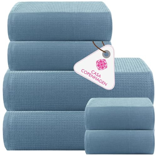 Casa Copenhagen Juego de 6 Toallas de baño, 600 g/m², Azul empolvado | Waffle 100% algodón egipcio puro para baño, cocina y ducha: 2 toallas baño, 2 de mano, 2 paños (set regalo mujer y hombre)
