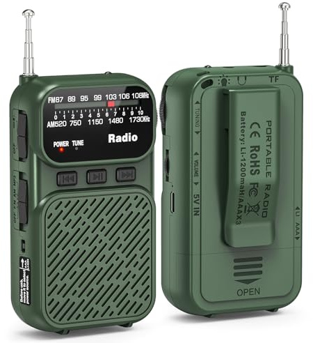 Tendak Mini Radio à Piles - Radio AM/FM/FM - Petite - avec Batterie de 1200 mAh - Radio Portable avec Bluetooth - Transistor - Piles AAA avec Lampe de Lecture/TF - Chargement USB-C - Vert