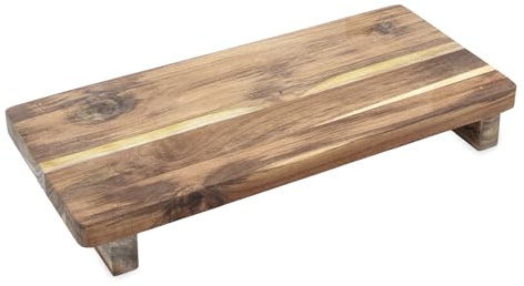 Vassoio decorativo in teak rettangolare con piedini - 37 x 17 cm - Piano in legno massello per candele in stile naturale rustico - Vassoio da tavolo in legno, vassoio da servizio, vassoio, tavoletta