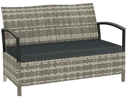 Outsunny 125L Garden Storage Bench 2 Seater PE Rattan Metal Frame Dark Grey | Padded Cushion, Outdoor Bench Storage Box, Outdoor Loveseat, Patio Garden Balcony