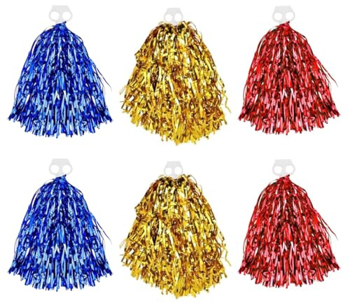 6 pezzi pompon da cheerleader, puschel da cheerleader con fibbia ad anello, bellissimi pompon da cheerleading a mano, nastri per fiori metallici, per Eventi Sportivi, Giochi di Palla, rosso, blu, oro