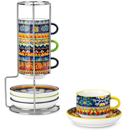 vancasso Cappuccinotassen 4er Set, 150 ml Kaffeetassen mit Untertassen & Metallständer, Stapelbar Dickwandig Porzellan, Spülmaschinenfest – KRVI Serie, Bunter Bohemian-Stil
