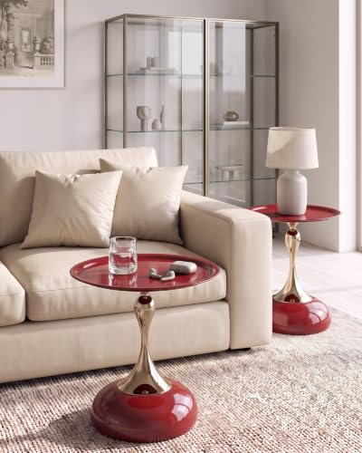 Soayone Design Beistelltisch 2er Set Rot Gold Moderner Couchtisch Rund Eleganter Kaffeetisch Metall für Wohnzimmer, Schlafzimmer, Nachttisch Sofatisch Dekotisch Luxus Wohnzimmertisch 40cm, Höhe 53cm
