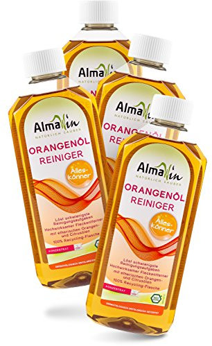 AlmaWin® Orangenölreiniger ÖKO [4x 500ml] ideal als starker Allesreiniger & Fettlöser - Veganes Orangenreiniger Konzentrat in recycelter Flasche - Besonders ergiebiger Orangenöl Reiniger