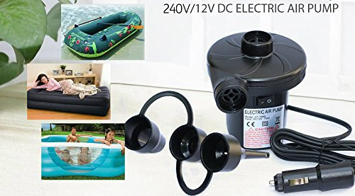 Homezone® Electric Air Pump 240V/12V Portable Inflater for Air Mattress Quick Fill Pump with 3 Nozzles Lightweight Camping Accessory Deflator for Inflateables Universal Bike Pump