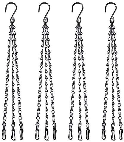 MZMing 4 Pack 41cm Hanging Basket 3-Leg Chain Replacement Metal Chain Hanger with Hook and Clip for Hanging Garden Flower Pots Planters Bird Feeders Lanterns Chalkboards and Ornaments - Black