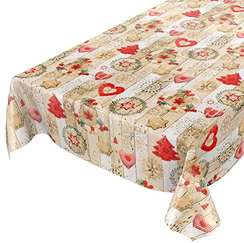 ANRO Tischdecke Weihnachtstischdecke abwaschbar Wachstischdecke Christmas Rot Beige 160x140cm