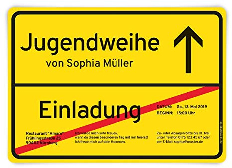Kartenmachen.de 10 x Jugendweihe Einladungskarten individuelle Einladungen DIN A6 - Ortsschild