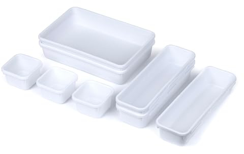 LIVIVO 8pc Interlocking Drawer Organiser Set – Versatile White Plastic Storage Trays for Desk, Makeup, Jewellery, Clothing and Home Drawer Organisation