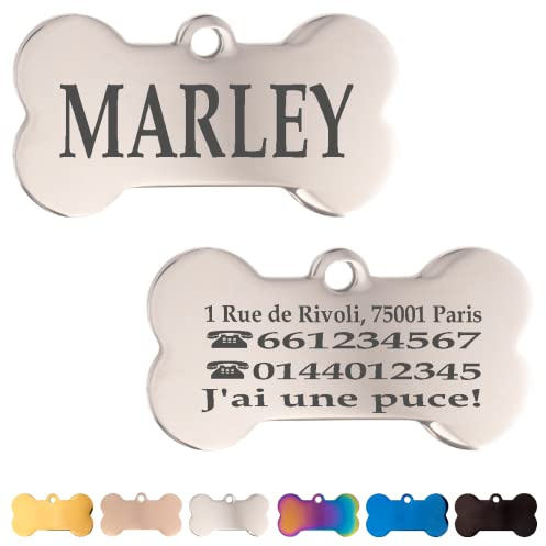 Ibera Gifts - Médaille Chien avec Gravure en Forme d'Os pour Animaux de Taille Moyenne à Grande, Médaille Chien Gravée (Argent)