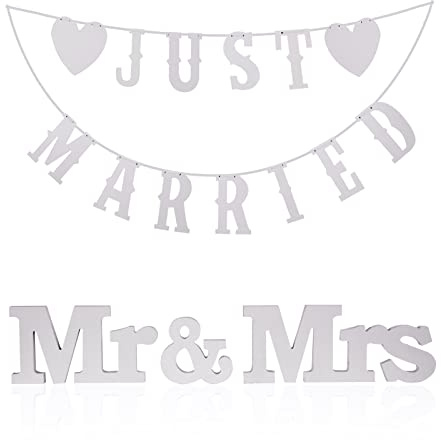 MR & MRS Träbokstäver bröllop, banner, JUST MARRIED dekorativa bokstäver, girlang dekoration vintage för bröllop, brud dusch, fotorekvisita, bildekoration (vit)