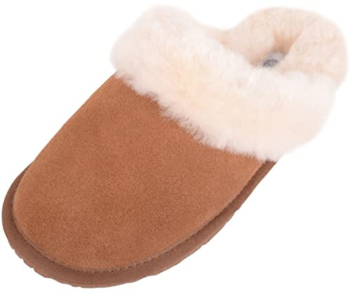 SNUGRUGS Women's Elsie, Open Back Sheepskin Mule Slipper with Cuff, Chestnut 6 UK / 39 EU