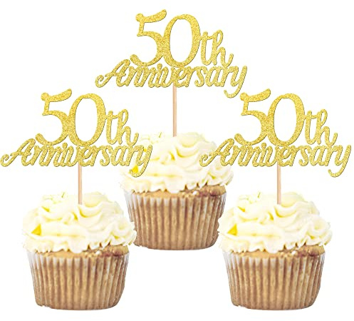 SYKYCTCY 24 Pack 50th Anniversary Cupcake Toppers Glitter Happy 50th Anniversary Cupcake Picks Cheers to 50 Years Number 50 Fifty Cake Decorations Wedding Party Cake Decorations Gold
