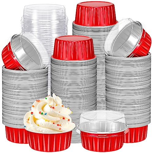 Gejoy 400 moldes desechables con tapas, tazas de aluminio para hornear de 5 onzas, mini forros para cupcakes, creme brulee, tartas de queso, magdalenas, moldes de flan, contenedor de lata de postre