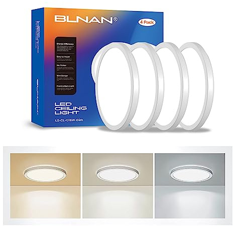BLNAN LED Flush Mount Ceiling Light, 8.66 Inch 18W 3000K/4000K/5000K Hardwire Light Fixture, Ultra Thin Round White Lamp for Kitchen Porch Bedroom Hallway Stairwell Basement, Non-dimmable 4 Pack