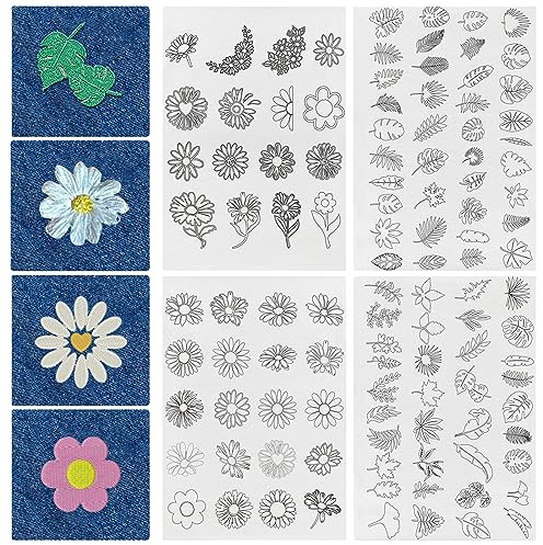 Qivine Wasserlösliche Stickschablonen, 4 Blatt Stickvlies Wasserlöslich Selbstklebend für Stoff, Sticken Stickpapier Wasserlöslich Handnähstabilisatoren mit Vorgedrucktem (H+I)