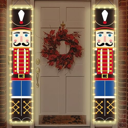 URMAGIC Christmas Nutcracker Banners with Led Lights,2 Pack 180 x 30cm Nutcracker Soldier Porch Signs,Nutcracker Christmas Decorations,Nutcracker Hanging Signs,Xmas Hanging Banners for Front Door