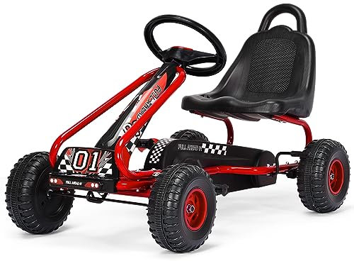 COSTWAY Gokart mit verstellbarem Sitz, Go Cart mit Handbremse, Tretauto bis 30kg belastbar, Pedal Gokart, Tretfahrzeug, Pedalfahrzeug, Kinderfahrzeug für Kinder von 3-6 Jahren (Rot)