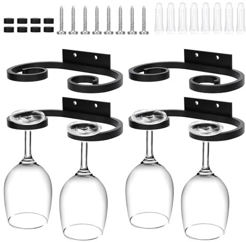 PEUTIER 4pcs Wall Mounted Wine Glass Rack, 6.69x3.82 Inch Wine Glass Holder Metal Wine Glass Hangers Wine Glass Rack Under Shelf Cabinet Stemware Storage Organizer for Kitchen Bar