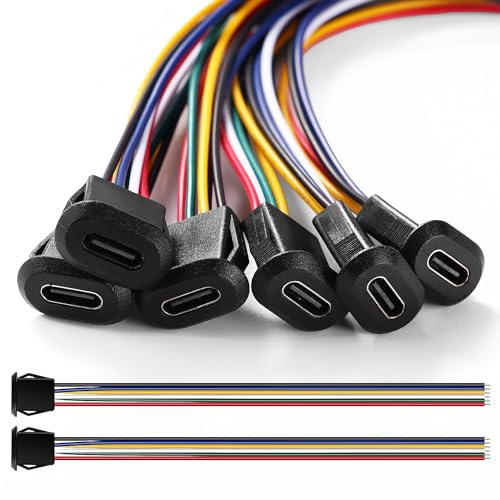 KUOQIY Lot de 6 prises USB-C femelles 3 A 6 broches - Prise USB C avec boucle à rainure à cliquet - 6 fils encastrables de type C - Avec fils AWG de 150 mm - Noir