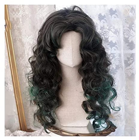 Peluca Peluca rizada con flequillo for mujer, negro degradado, verde, hermosa peluca de pelo rizado resistente al calor, peluca sintética suave for mujer, uso diario, fiesta, cosplay Peluca Hombre