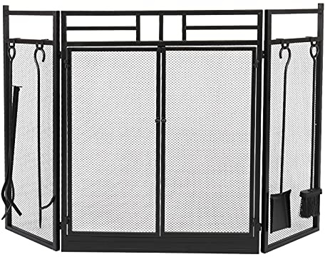 MYVVKIA Pare-feu de cheminée Pare-feu de cheminée à Double Porte en Treillis métallique à Trois Volets 122 x 80 x 1 cm avec Couvercle pour Outils