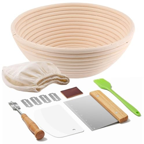 Banneton Bread Proofing Basket 11-Piece Set – Includes 9-Inch Round Basket, Bread Lame, Blades, Scrapers, Cotton Cover, Silicone Brush, and More – Sourdough Baking Kit