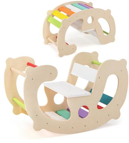 RELAX4LIFE 2 in 1 Arco da Arrampicata per Bambini, Cavallo a Dondolo in Legno, Triangolo Arcobaleno Transformabile, Giocattoli da Palestra Montessori per Bambini 1+ Anni