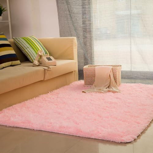 Flauschiger rosafarbener zotteliger Teppich, weicher Plüsch-Teppich für Wohnzimmer, Schlafzimmer, moderne Wohnkultur, Langflor-Teppich, Spielmatte für Sofa, Nachttisch, Balkon, 100 x 160 cm