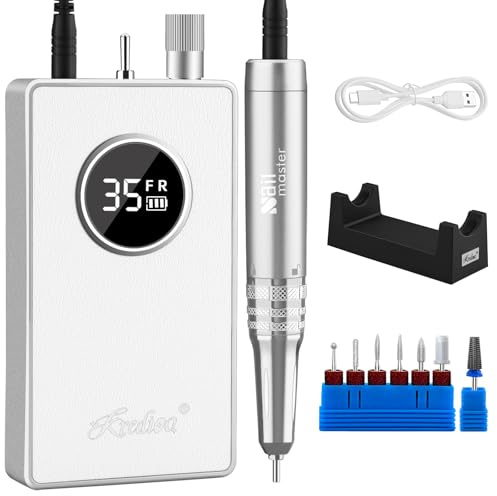 Kredioo Nail Drill - Upgraded Coreless Motor - for Acrylic Gel / Prep Nails | Low Vibration, 35000RPM Professional Polishing Shapes Tools, 2000mAh, 12h Runtime, 7 Pcs Drill Bits, Beginner, Salon, White