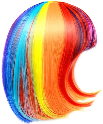 Regenbogenperücke, kurze bunte Perücke mit Pony, atmungsaktive synthetische Perücken für Frauen, verstellbar, um lustige Perücken für die Party zu tragen