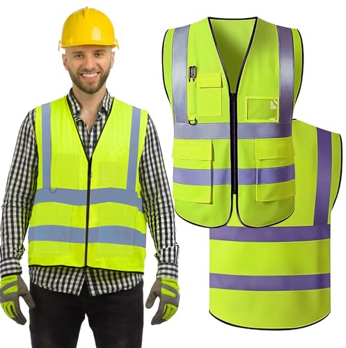 Wraplyft Hi Visibility Custom Safety Work Vest for Men and Women | Vest with Zipper Front and Multi Function Pockets - 360° Reflective Coverage with 2-Inch Reflective Tapes - (Yellow,M)