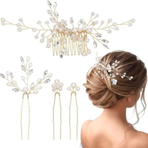 QEDBOJE Adornos para el Pelo de Boda Dorados, 3 Piezas de Horquillas para Novia en Forma de U, Peine de Pelo con Cristales y Perlas, Elegantes Accesorios para el Cabello de Mujeres y Niñas