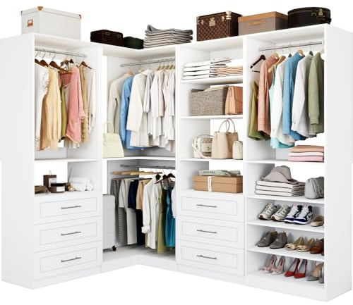 Vomavex Closet System with 4 sets, 101.9 Closet Organizer Systems with 6 Drawers & 8 Hanging Rods & Adjustable Shelves, Walk in Closet Standing Closet System, Corner Closet System Set, White