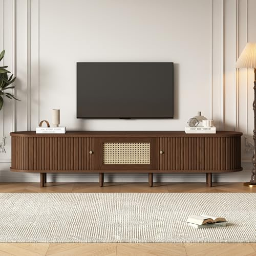 Jaxenor 180 cm TV-skåp med justerbara fötter, rottingdesign, TV-bräda, oval TV-skåp för sovrum och vardagsrumsskåp, lågt bord vardagsrum med 1 låda, 2 skjutdörrar, ek