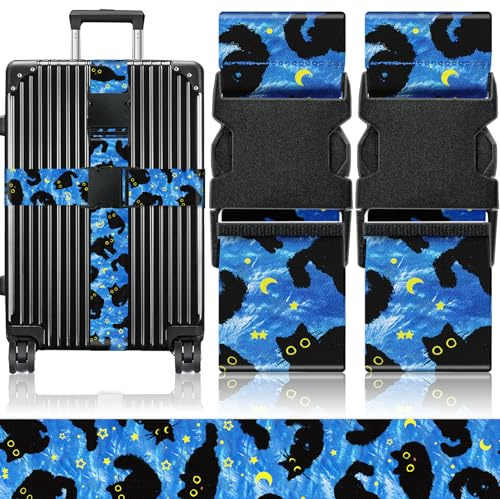 OffiEase Koffergurte für Koffer Reisegurt - Gepäckidentifikatoren Kofferzubehör mit Schnalle Nylon verstellbares Band über Griff für Flughafen 2er Pack Blaue Katze
