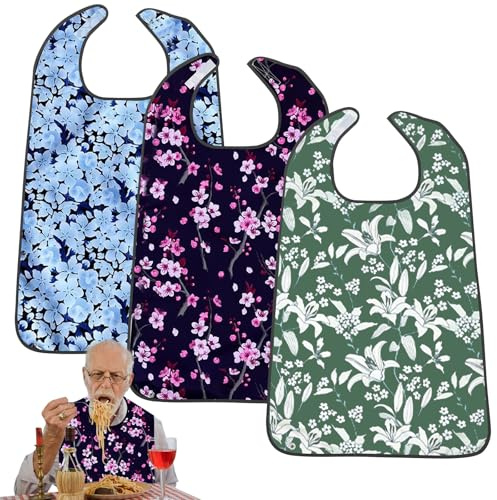 VEGOATY Lätz Lot de 3 bavoirs pour adultes, 75 x 50 cm, avec fermeture Velcro et bac de récupération, étanches, protection alimentaire, unisexe, réutilisables, coloré, 75*50mm